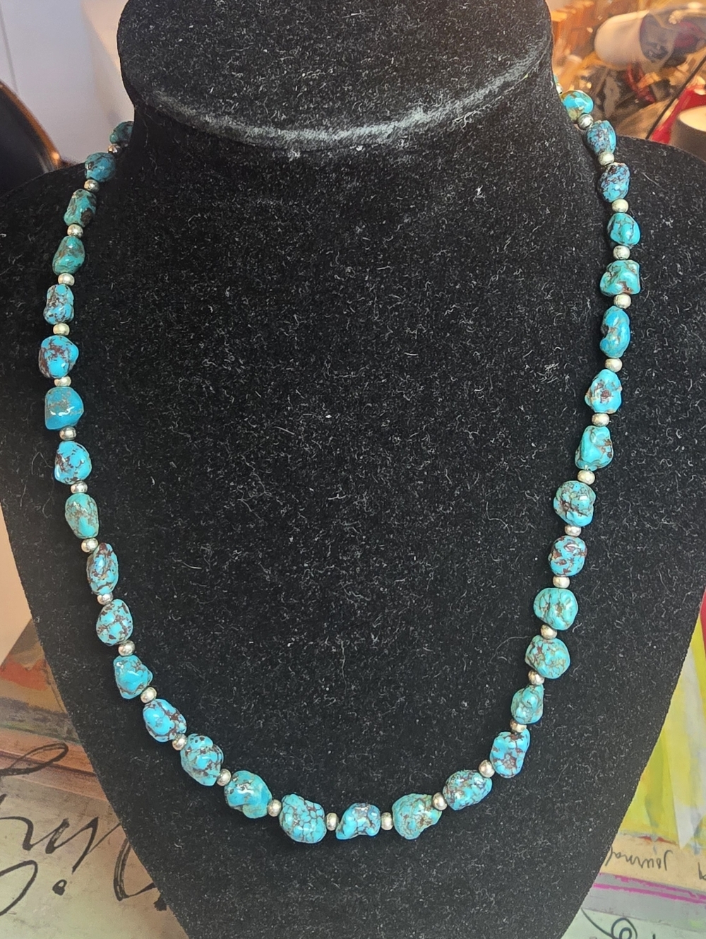 Vintage Native American Turquoise and Silver Nugget Necklace 18"